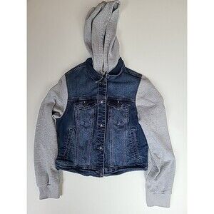 Wax Jean Denim Jacket Blue Gray Stretch Long Sleeve Hoodie Large